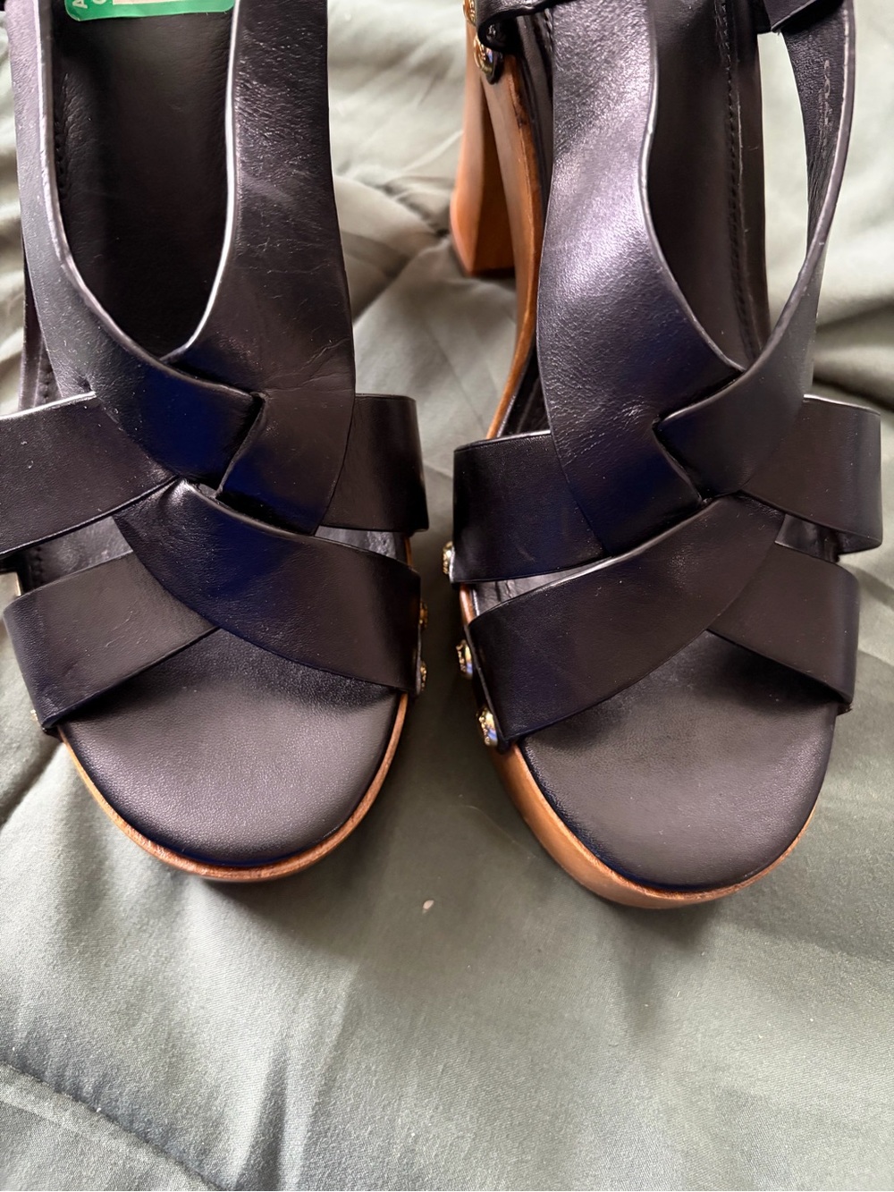 Coach Black Leather Platform Slingback Sandals with Wood Heel - Picture 5 of 7